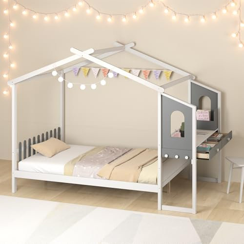 GOPLUS Hausbett, Kinderbett mit Schreibtisch, Schubladen & Haken, Jugendbett aus Massivholz mit Lattenrost, Kleinkinderbett Holzbett für Mädchen & Jungen, Ohne Matratze (140 x 200 cm)