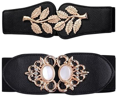 JAMAKALA 2PCS Women Elastic Waist Belt,Two Styles Retro Wide Belts,Wide Elastic Belt Stretch Elasticated Waist Belts,Vintage Belt Women Belts for Dresses (Black-A, 75cm+65cm)
