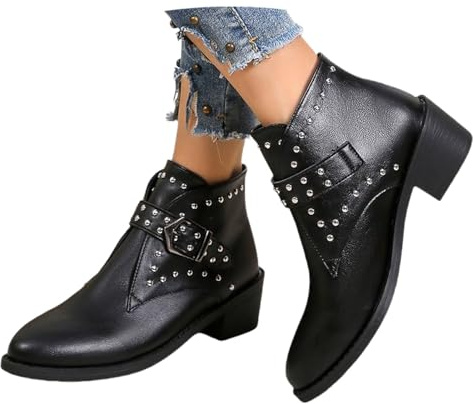 Biker Ankelboots Dammode Korta Stövlar Med Nit + Spänne PU Läder Ankelboots Bekväma Stövlar Med Låga Klackar Vårankelskor for Utomhusbruk, Fest(Black,39 EU)