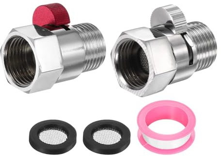sourcing map 2 Set G1/2 Female x Male Shower Shut Off Valve, Brass Water Flow Control Valve for Shower Head with Hose Flow Restrictor, Red/Silver