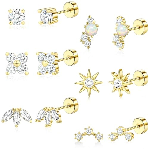 ZHESHY 6 Paar Ohrringe Gold Silber Set 316L Chirurgenstahl Medizinische Helix Piercings Ohrstecker Hypoallergene 14k Vergoldet Klein Tragus Conch Piercing Ohr Goldene Ohrringe Stecker Damen Schmuck