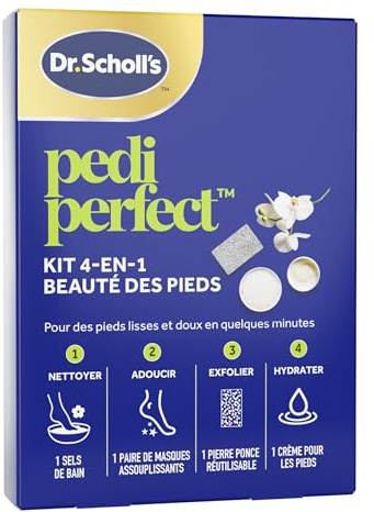Dr. Scholl's Pedi Perfect Kit 4-en-1 Beauté des Pieds - Comprend des Sels de bains pour Pieds, un Masque Exfoliant pour Pieds, une Crème Hydratante et une Pierre Ponce pour éliminer les callosités