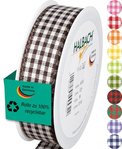 Halbach Vichy-Karo-Geschenkband, 25 mm x 25 m, braun | Kariertes Geschenkband, Made in Germany und Öko-Tex 100 zertifiziert, waschbar und wetterfest zum Verpacken und Dekorieren