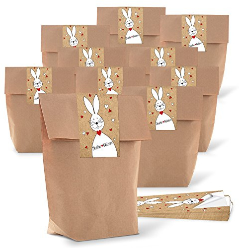Logbuch-Verlag 25 braune Ostertüten 14 x 22 x 5,6 cm - Geschenktüte mit Osteraufkleber Hase FROHE OSTERN rot weiß - Osternest zum Befüllen