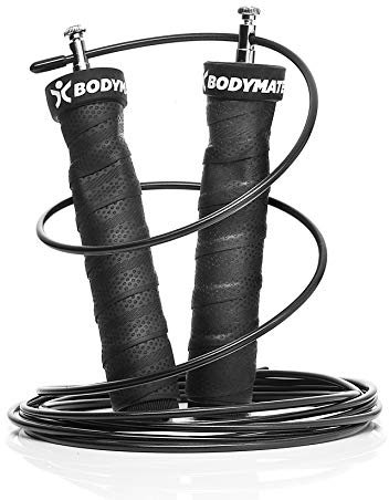 BODYMATE Premium Springseil mit Anti-Rutsch-Griffen inklusive 2 herausnehmbarer Gewichte und zwei verstellbarer Stahlseile mit extra Abnutzungsschutz für Crossfit Functional Core Boxen Sport Training