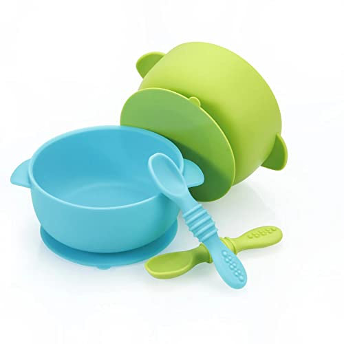 PandaEar Set de 2 Cuencos de Silicona con Ventosa | Base de Copa Grande | Silicona Segura de Grado Alimenticio Libre de BPA | Para Bebés, Niños Pequeños, Infantes (Azul y Verde)
