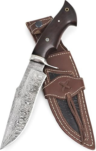 BIGCAT ROAR Leopard Hunter - Cuchillo Caza Grande Acero Damasco Artesano 30,5 cm - Mango Madera de Nogal y Funda Cuero - EDC Bushcraft, Monte, Campo y Supervivencia - Regalo Cazadores Coleccionistas