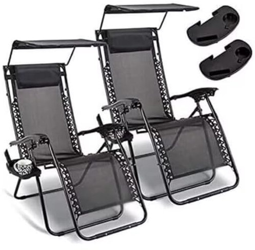 Garden Mile 2x Sun Lounger Zero Gravity Chair with Canopy and Drinks Holder, Adjustable Headrest Pillow | Deck Folding Recliner Zero Gravity Outdoor Chair - Black Premium