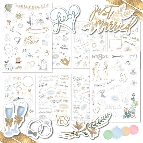 WEDDLYN® – Aufkleber für die Hochzeit – 180 Sticker für Hochzeitsgästebuch – inspirierende Motive – perfektes Stickerset für Fotoalbum Hochzeit - Pastell Farbe mit Glitzer Sticker (blau)