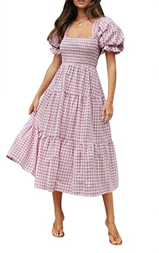 ZESICA - Abito Midi Estivo da Donna 2025, Stile Bohémien, a Quadretti, con Scollo Quadrato e Maniche a Sbuffo, con Volant, Taro., S