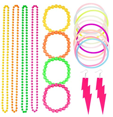 BETESSIN 20pz Costume Donna Anni '80 Colorati Rosa Neon Collana Orecchino Braccialetti Accessori Vestiti Retrò per Festa a Tema 80s Carnevale Partito