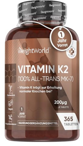 Vitamin K2 MK7-365 vegane Tabletten - 200µg je Dosis - 100% All-Trans Menachinon - 1 Jahr Vorrat - Vitamin K Präparate von WeightWorld