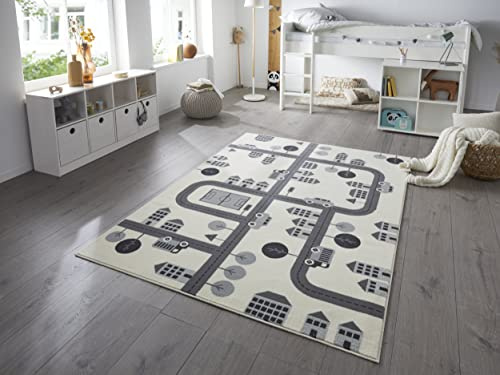 Hanse Home Teppich Kinderzimmer Kinderteppich Town – Junge Mädchen Spielteppich Kurzflor Teppich Modern Spielstraße Straßenmotiv, Weicher Flor, Pflegeleicht - Creme, 160x220