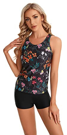 Bekväm tankini simdräkt Kvinnors tvådelade simdräkt Blommig tankini med shorts Strandkläder Badkläder Badkläder(L, S11)