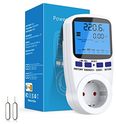 Maxcio Stromzähler für Steckdose mit Dual Rate, PV-Zähler für Balkonkraftwerk, Stromverbrauchsmesser, Digitaler Strommessgerät mit Überlast- und Netzausfallschutz, 3680W,180 °LCD-Display