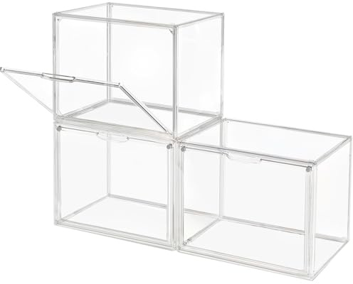 GUDEMAY Clear Stackable Plastic Storage Bins with Magnetic Lid, Dustproof Book & Cosmetic Acrylic Display Cases, Large Figures Collectibles Showcase, Shoe Box, Protection Organizer (L, Count, 3)
