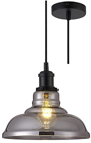 Britalia Matt Black & Smoked Tapered Dome Glass Vintage Retro Pendant Ceiling Light | 28cm Diameter | Black Braided Cable | 1 x ES E27 Lamp Bulb Required | 240 Volts | Bedroom - Lounge - Kitchen
