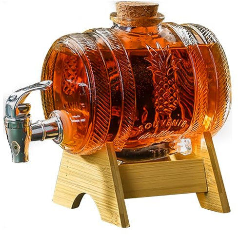 aleawol 1L Glass Barrel Dispenser with Tap, Glass Whiskey Barrel Decanter with Wooden Stand Whiskey Decanter Barrel Drink Dispenser for Bourbon Vodka Tequila Wine