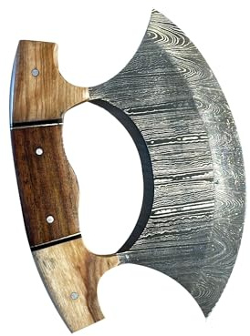 Damascus Chef Kitchen Ulu Knife Chef Knife Heavy Duty Damascus Handle Koa Wood with Leather Sheath (Brown)