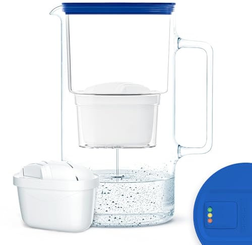 Wessper Jarra Filtradora de Vidrio con Contador LED de Agua 3L | Reemplazo para Dafi Unimax Aquaphor A5 BRITA Maxtra+ PHILIPS AWP212/10 | Jarra Filtrante + 1x Cartucho – Azul