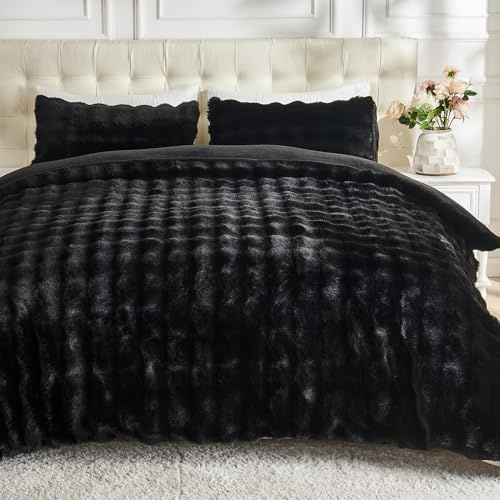 Lotus Karen Fluffy Comforter Cover Set-Rabbit Fluff Faux Fur Duvet Cover Queen Size,Black Plush Fuzzy Furry Bedding Sets 3Pieces(1 Duvet Cover & 2 Pillow Shams),Zipper Closure