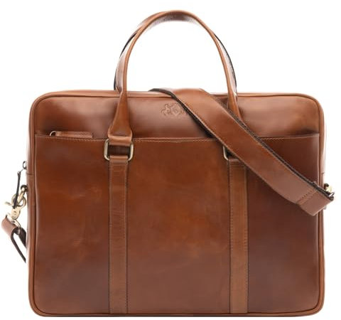 SID & VAIN große Laptoptasche schmal echt Leder - 15 Zoll Laptop Business-Tasche Brady - Umhängetasche Aktentasche mit Laptop-Fach - Ledertasche Herren und Damen braun handgefertigt