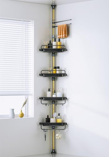 WSBArt Upgrade Sturdy Shower Caddy Tension Pole Black and Gold Corner Shower Caddy 18/8 Stainless Steel Rustproof 4 Tier Adjustable Shelves for Bathtub Shampoo Accessories Storage Rack 32-122inch