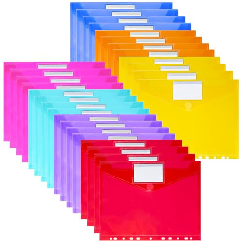 Dokumentenmappe A4 zum Abheften, 28 Stück Dokumententasche A4 mit 11 Lochrand, Klettverschluss & Etikettentasche, Wasserdicht Sammelmappen Sichttasche für Dokumente (7 Farben)