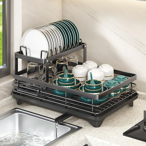 TentHome Scolapiatti in acciaio inox nero, 2 livelli, lavello asciutto e vasellame, supporto per piatti, portautensili, coltelli, taglieri da cucina, scaffale per cucina, scaletta da cucina