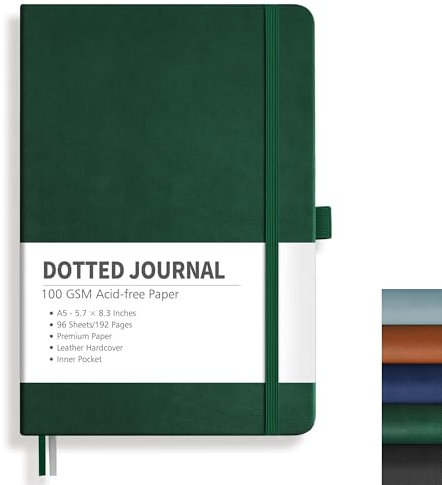 RETTACY Notizbuch A5 Dotted mit 100g/m² Papier - Gepunktet Hardcover Bullet Journal, 192 Seiten mit Rücktasche für Künstler, Berufstätige & Studenten, 14.5x21 cm Dunkelgrün