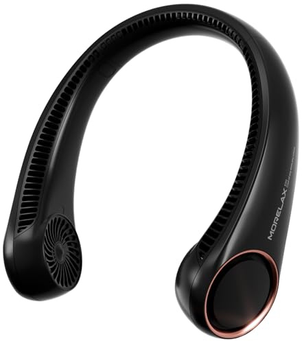 Morelax Ventilador de Cuello Portátil Recargable USB, 3 Velocidades Ajustables/Súper Silencioso/Sin Hojas, Diseño 360° para Viajes, Deporte, Oficina y Hogar (Negro)