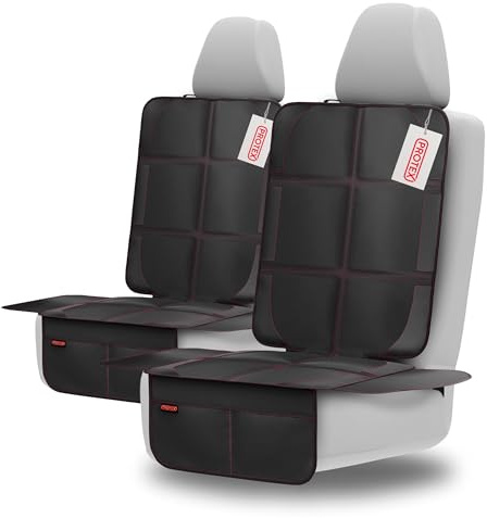 PROTEX Protector para asiento infantil – ISOFIX – Superficie antideslizante | Tejido 600D impermeable y de alta calidad con asiento acolchado (L, juego de 2 unidades), color negro con costuras rojas