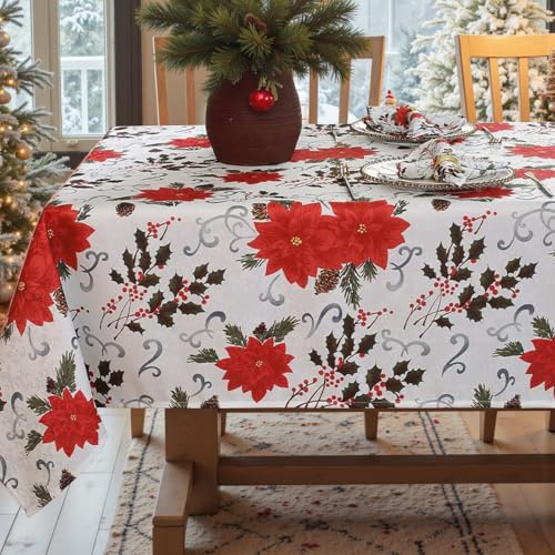 MATIRUG Tovaglia natalizia quadrata, 132 x 132 cm, a prova di perdite, senza pieghe, con stampa di stella di Natale e agrifoglio, in tessuto jacquard bianco, per Natale, inverno, vacanze, Capodanno