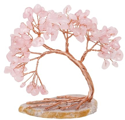 dssmboom Heilende Kristallbaum des Lebens Kristall Bonsai Baum Dekor | Rose Quartz Kristallbaum auf Agat Scheibe Basis, Feng Shui Geldbaum Bonsai für Home Office Dekor, 3 -4