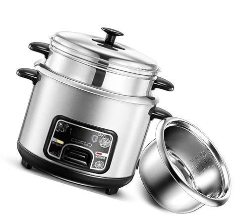 THEGA Olla Arrocera - Olla Arrocera Y Función De Calentamiento Al Vapor (2/3/4/5L) Revestimiento De Acero Inoxidable 201, Olla Arrocera con Cesta Vaporera, con Espátula Y Vaso Medidor(4L)