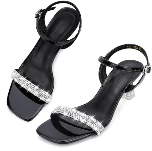 Trakxy Women Rhinestone Open Toe Sandals Transparent Gradient Kitten Heels Formal Comfortable Shoes Guest Dress Prom Black