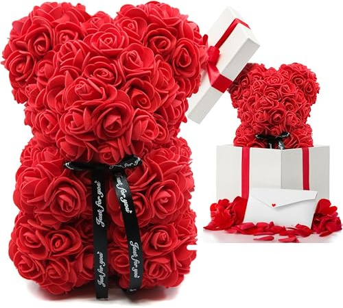 HAND Peluche con Confezione Regalo e Petali di Rosa, Orso Peluche, Regalo per Lei, 25cm di Altezza, Orsetto Regalo di San Valentino, Regalo coppia, Con Biglietto D'amore (Orso Rose)