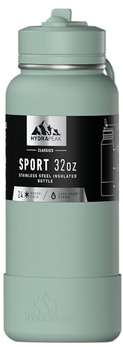 Hydrapeak 32oz Sport Insulated Water Bottle with Straw Lid, Leak & Spill Proof, Keeps Drinks Cold for 24 Hours, Hot for 12 Hours, Premium Stainless Steel Water Bottles (32oz, Seafoam)