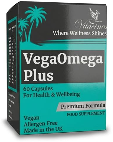 VegaOmega Plus | Vegan Omega 3 + 14 Essential Vitamins & Minerals | Plant-Based Algae DHA & EPA | 60 Capsules | No Fish Oil | Heart, Brain & Joint Support | Family Supplement Age 4+ | Made in UK