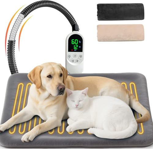 NWIWI 70x45cm Pet Heating Pad,Anti-Bite Waterproof Cat Heating Pad,Dog Heated Pad with 13 Level Timer&Auto-off,30℃～60℃ Adjustable Temperature,Pet Indoor Heating Blanket,Washable Two Covers(Grey&Beige)