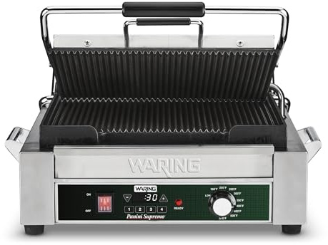 Waring Commercial Ribbed Italian-Style Panini Grill with Timer, Cast Iron Plates, 14.5 x 11 Cooking Surface, Ideal for Grilling Sandwiches and Paninis, WPG250TX