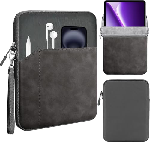 KZIOACSH Tablet Bag for OnePlus Pad Go 2 12.1 Inch with Pocket and Hanging Rope, Full Protection Water-Resistant Nylon Fabric + PU Leather Padded Computer Pouch Cover, Grey