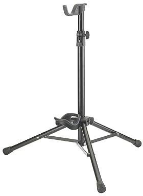 K&M Bariton-/Tenorhornständer (altes Modell) - Silber - C - Standfester 3-Fuß-Ständer zum Einhängen - Verchromt - Höhenverstellbar - Breitenverstellbar - Gummiüberzug - Hornständer - Ständer