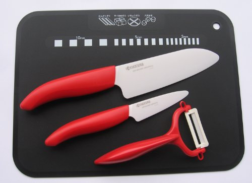 Kyocera Keramikmesser-Set: Kochmesser - Schälmesser-Sparschäler-incl. Klingenschutz und flexibler Schneidunterlage