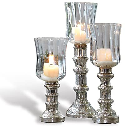 Loberon Windlicht 3er Set Fréjeville, klar/Silber | Deko Windlichter Für Kerzen - Aus Mundgeblasenem Glas - Elegante Pokalform - Unterschiedliche Größen - 3 Stück