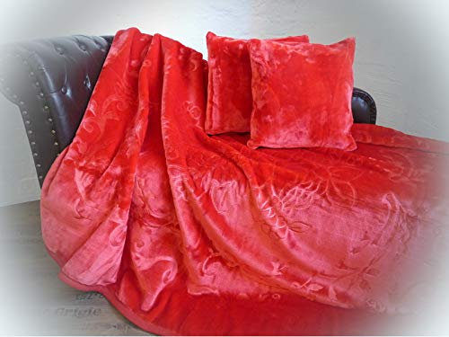 Natur-Fell-Shop 3tlg. Set Luxus Kuscheldecke Tagesdecke Decke Rubin rot 160x200cm+ 2 Kissen 40x40cm