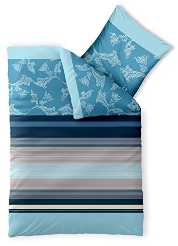 aqua-textil Trend Bettwäsche 135x200 cm 2tlg. Baumwolle Bettbezug Isabis Streifen Blumen Blau Türkis Beige