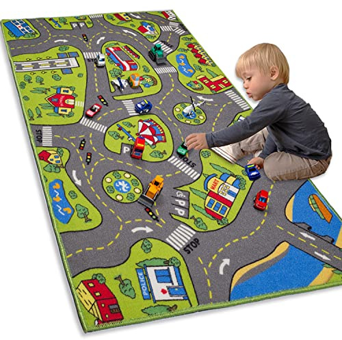 Large Kids Carpet Playmat Rug 52 x 32 with Non-Slip Backing, City Life Play Mat for Playing with Car Toy, Game Area for Baby Toddler Kid Child Educational Learn Road Traffic in Bedroom, Classroom