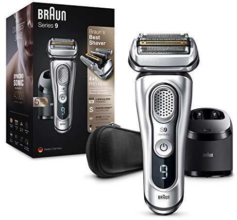 Braun Series 9 Electric Shaver, With Clean & Charge Station & Leather Case, Flawless Shave, 100% Waterproof, Gifts for Men, 2 Pin Bathroom Plug, 9390cc, Silver