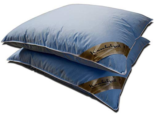 Meivita 2X Kopfkissen mit 70% Federn und 30% Daunen - Neue Gänsefedern und -daunen Klasse 1 – Federkissen-Set mit edler Biese in 80x80 cm Bezug in blau Made in Germany